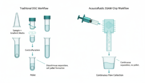 Authoritative analysis of Standing-Surface Acoustic Wave (SSAW) sperm selection. Covers mechanism, reduced DNA fragmentation, and clinical ROI vs density gradient.